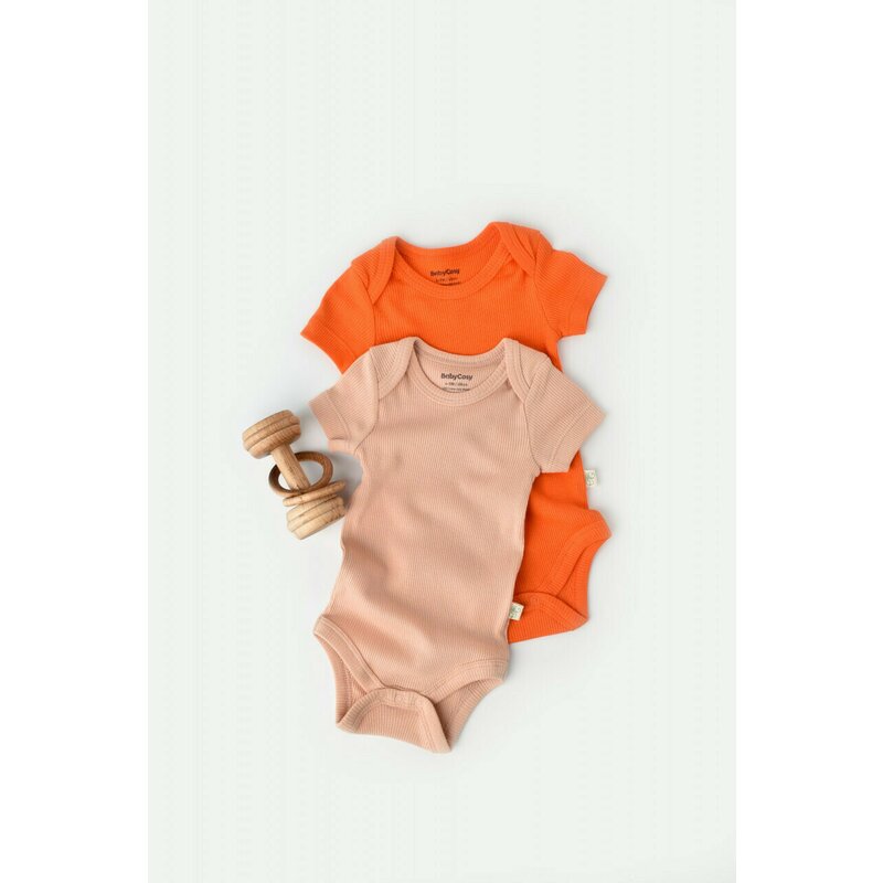 Set 2 body-uri bebe unisex din bumbac organic si modal - Rodie/Piersica, BabyCosy (Marime: 0-3 Luni)