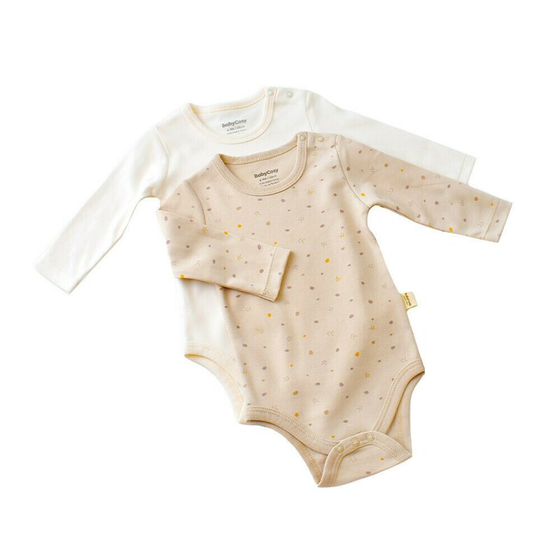 Set 2 body-uri cu maneca lunga bebe unisex -100% bumbac organic - Crem cu buline, BabyCosy (Marime: 6-9 luni)