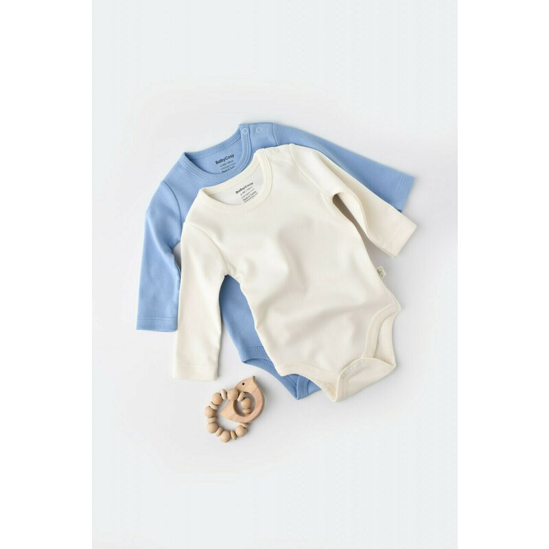 Set 2 body-uri cu maneca lunga bebe unisex -100% bumbac organic - Ecru/Bleu, BabyCosy (Marime: 18-24 Luni)