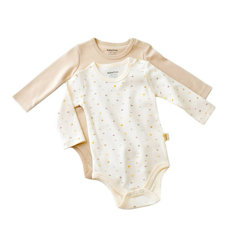 Set 2 body-uri cu maneca lunga bebe unisex -100% bumbac organic - Ecru cu buline, BabyCosy (Marime: 12-18 Luni)