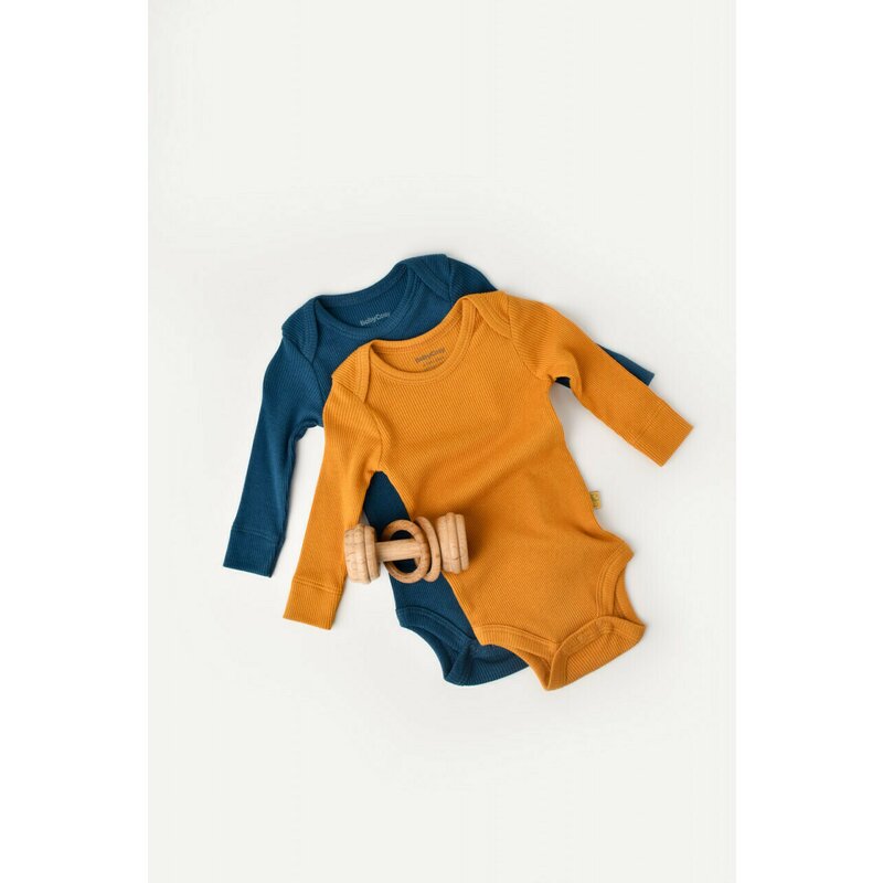 Set 2 body-uri cu maneca lunga bebe unisex din bumbac organic si modal - Bleumarin/Sofran, BabyCosy (Marime: 0-3 Luni)