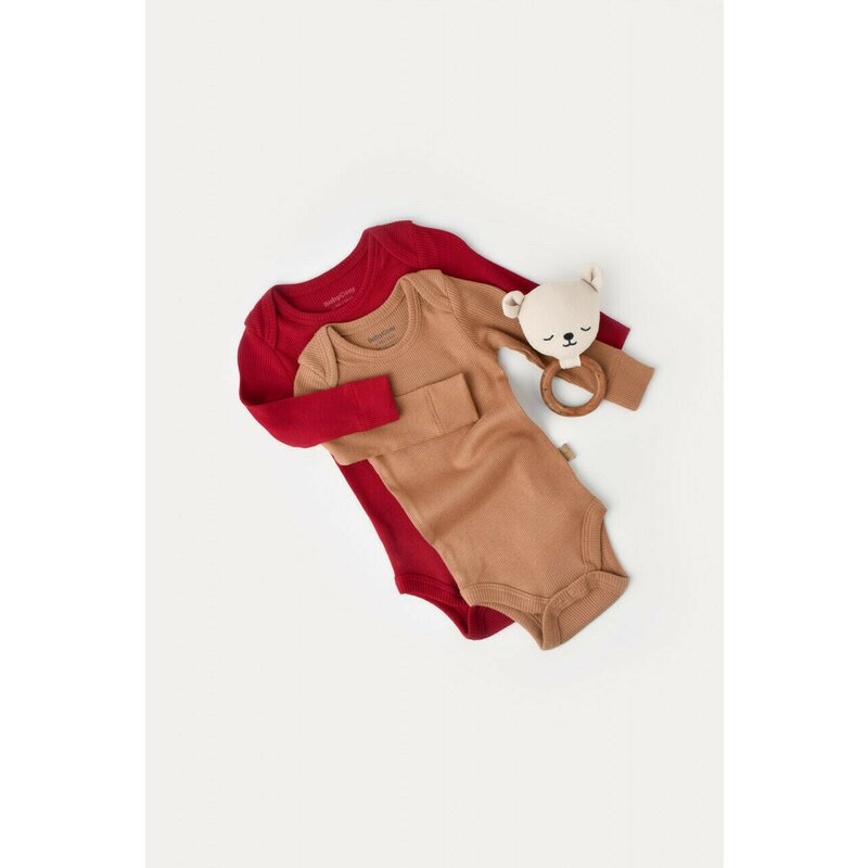 Set 2 body-uri cu maneca lunga bebe unisex din bumbac organic si modal - Maro/Rosu, BabyCosy (Marime: 18-24 Luni)