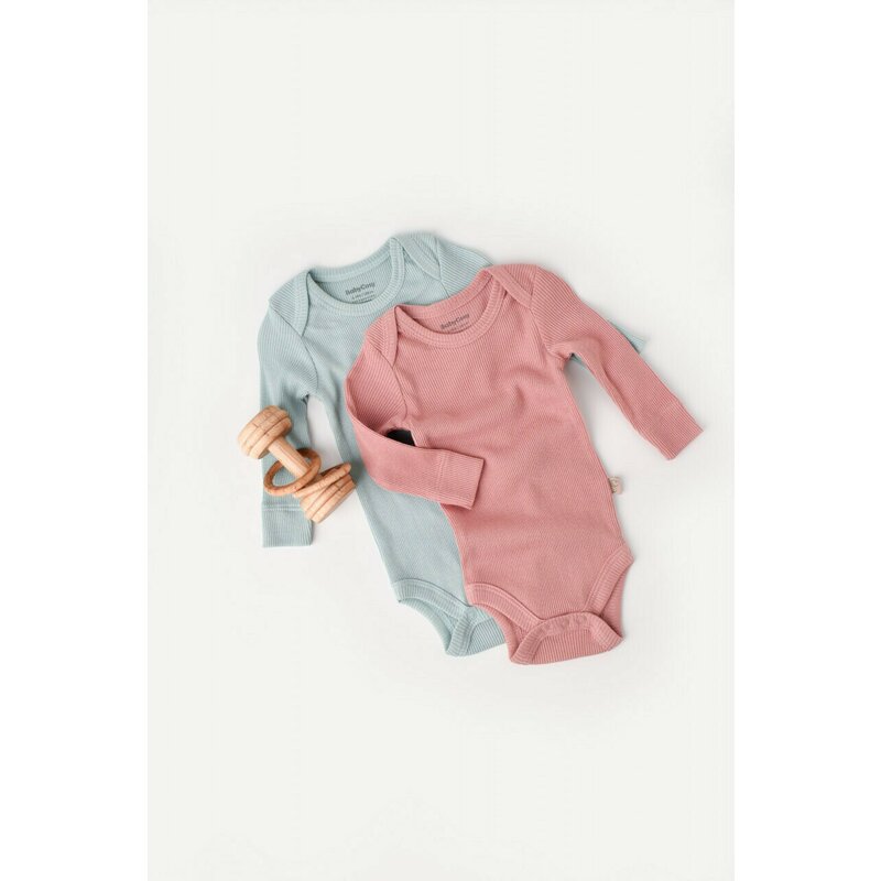 Set 2 body-uri cu maneca lunga bebe unisex din bumbac organic si modal - Mint/Rose, BabyCosy (Marime: 0-3 Luni)