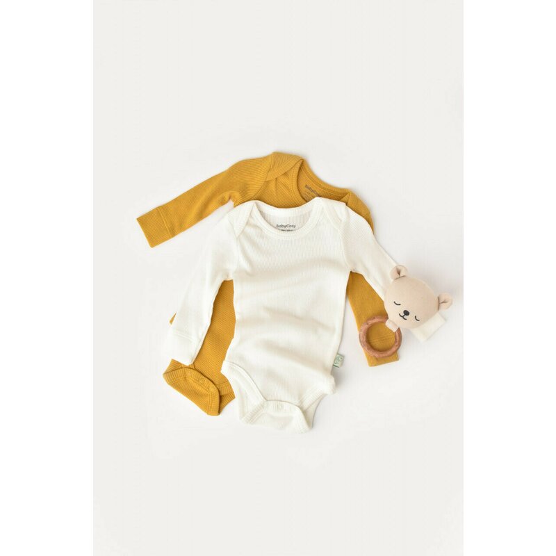 Set 2 body-uri cu maneca lunga bebe unisex din bumbac organic si modal - Mustar/Ecru, BabyCosy (Marime: 6-9 luni)