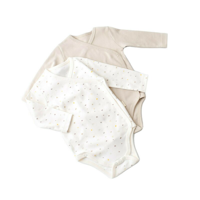 Set 2 body-uri cu maneca lunga petrecute bebe unisex -100% bumbac organic - Ecru cu buline, BabyCosy (Marime: 0-3 Luni)