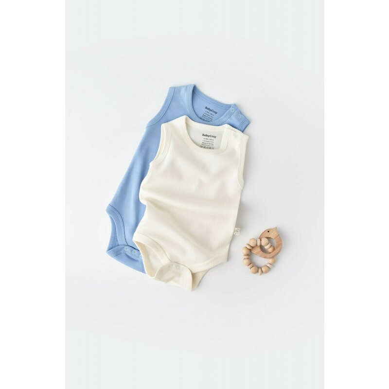 Set 2 body-uri fara maneci bebe unisex -100% bumbac organic - Ecru/Bleu, BabyCosy (Marime: 3-6 Luni)