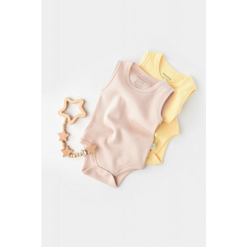 Set 2 body-uri fara maneci bebe unisex -100% bumbac organic - Galben/Roz, BabyCosy (Marime: 12-18 Luni)