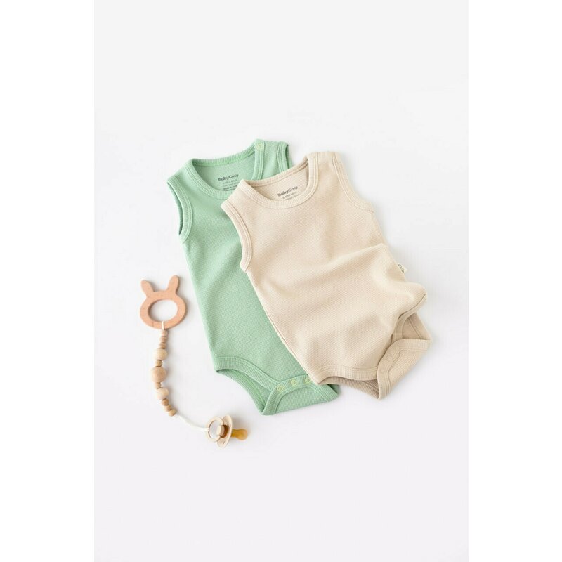 Set 2 body-uri fara maneci bebe unisex -100% bumbac organic - Mint/Stone, BabyCosy (Marime: 12-18 Luni)