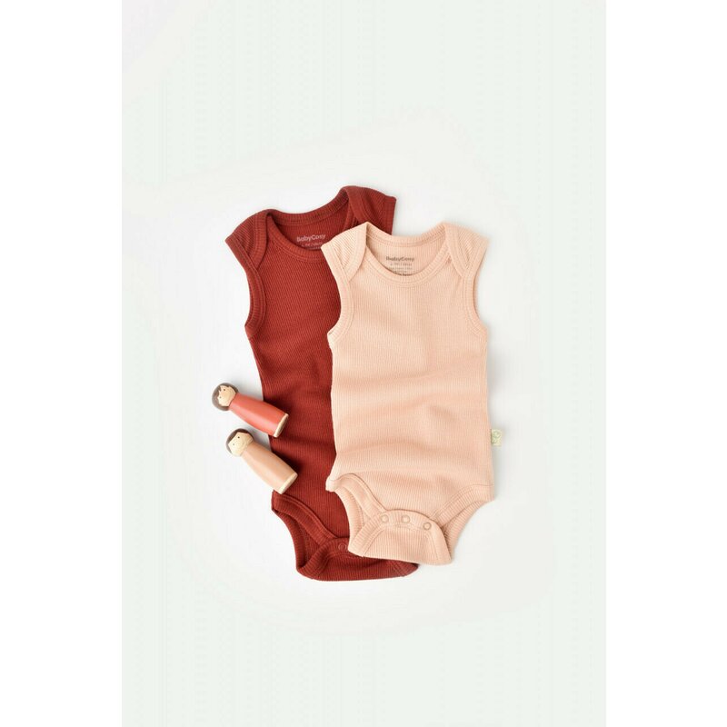 Set 2 body-uri fara maneci bebe unisex din bumbac organic si modal - Caramiziu/Somon, BabyCosy (Marime: 0-3 Luni)