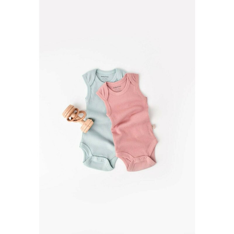 Set 2 body-uri fara maneci bebe unisex din bumbac organic si modal - Mint/Rose, BabyCosy (Marime: 6-9 luni)