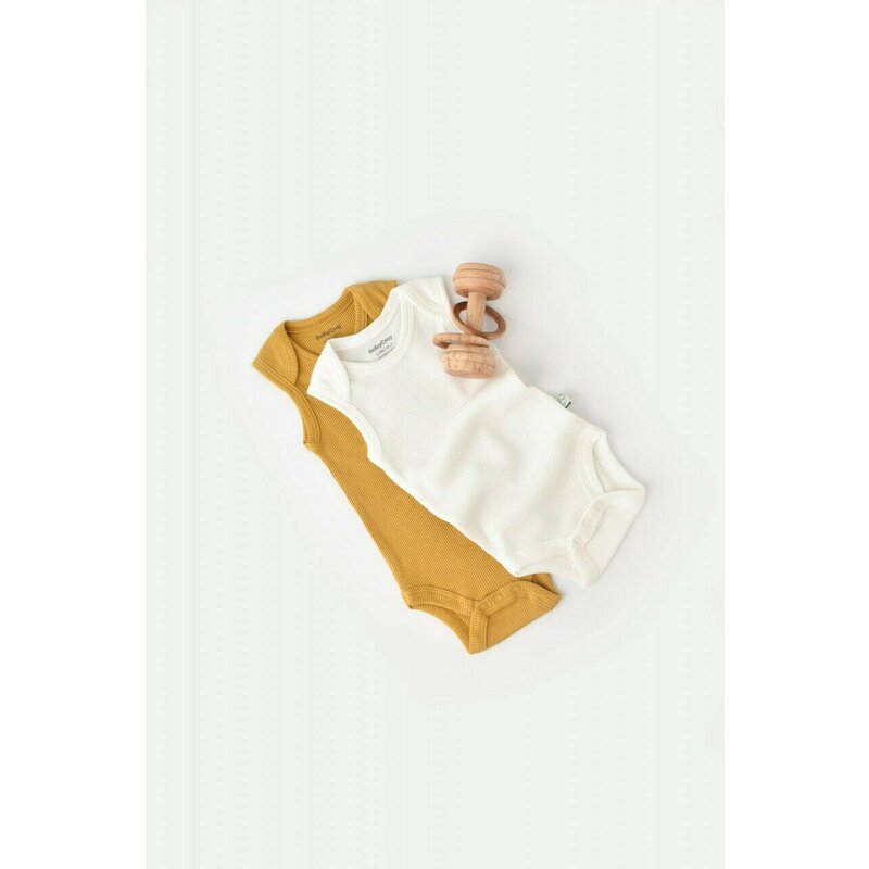 Set 2 body-uri fara maneci bebe unisex din bumbac organic si modal - Mustar/Ecru, BabyCosy (Marime: 12-18 Luni)