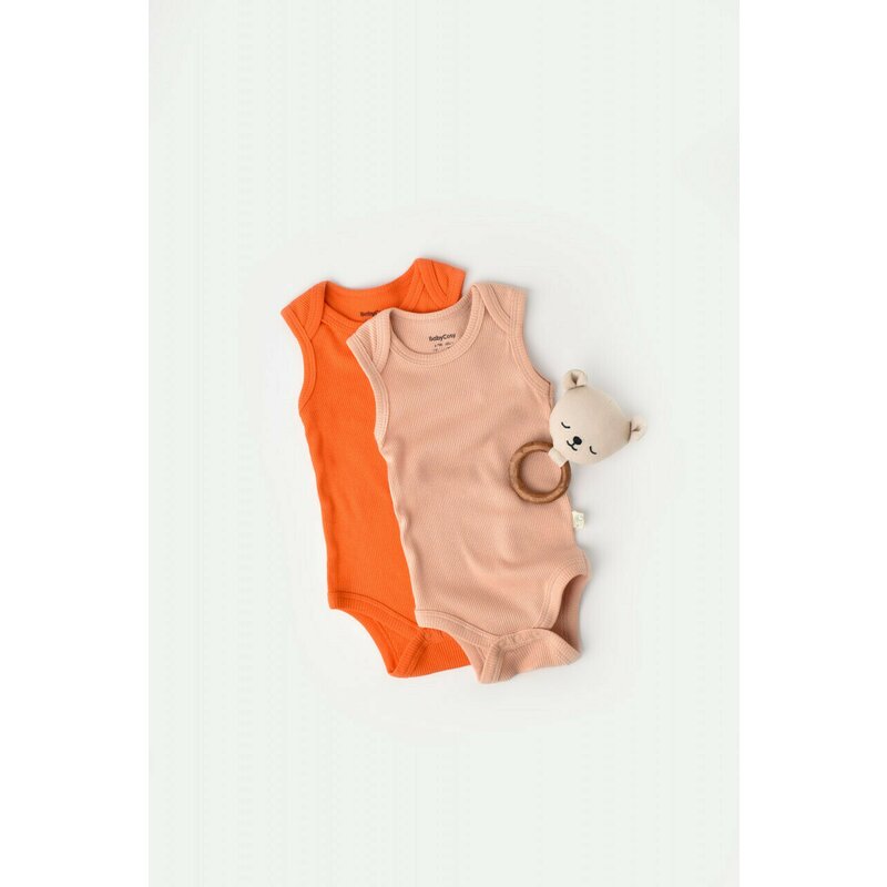 Set 2 body-uri fara maneci bebe unisex din bumbac organic si modal - Rodie/Piersica, BabyCosy (Marime: 0-3 Luni)