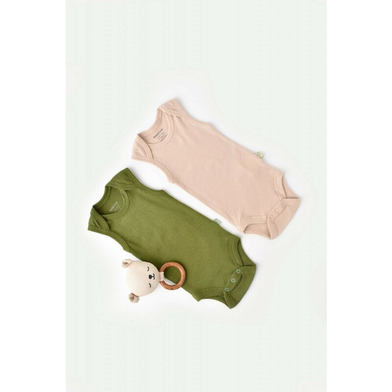 Set 2 body-uri fara maneci bebe unisex din bumbac organic si modal - Verde/Blush, BabyCosy (Marime: 6-9 luni)