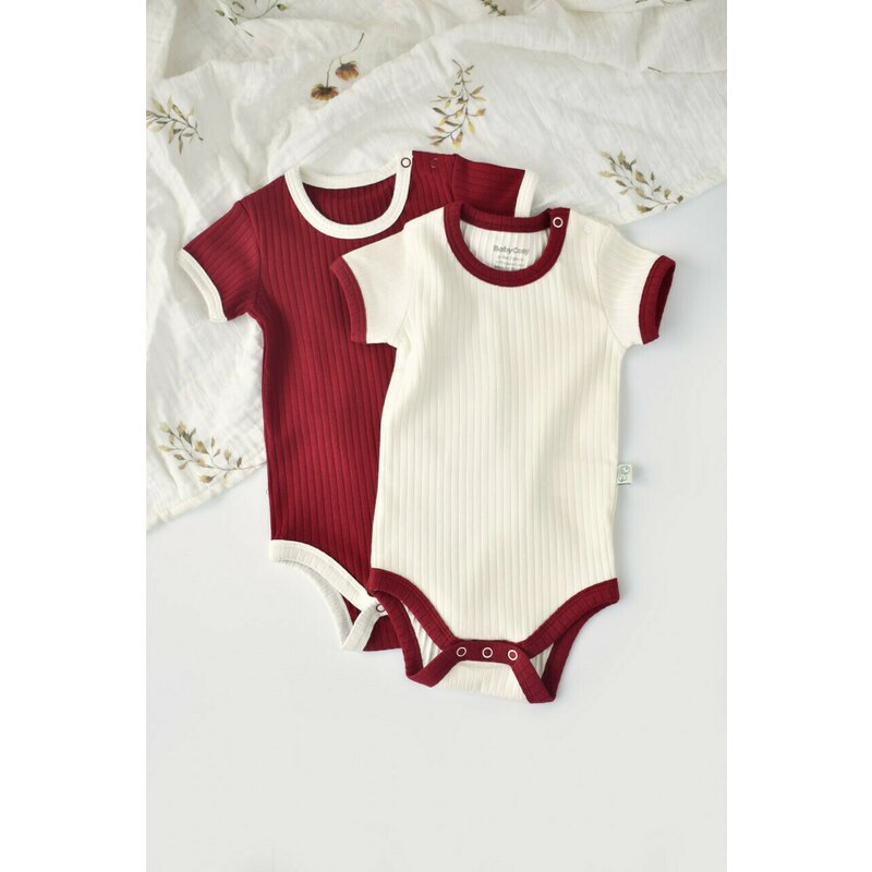 Set 2 body-uri Ribana Bebe Unisex din bumbac organic si 5%elastan - Ecru/Bordo, BabyCosy (Marime: 18-24 Luni)