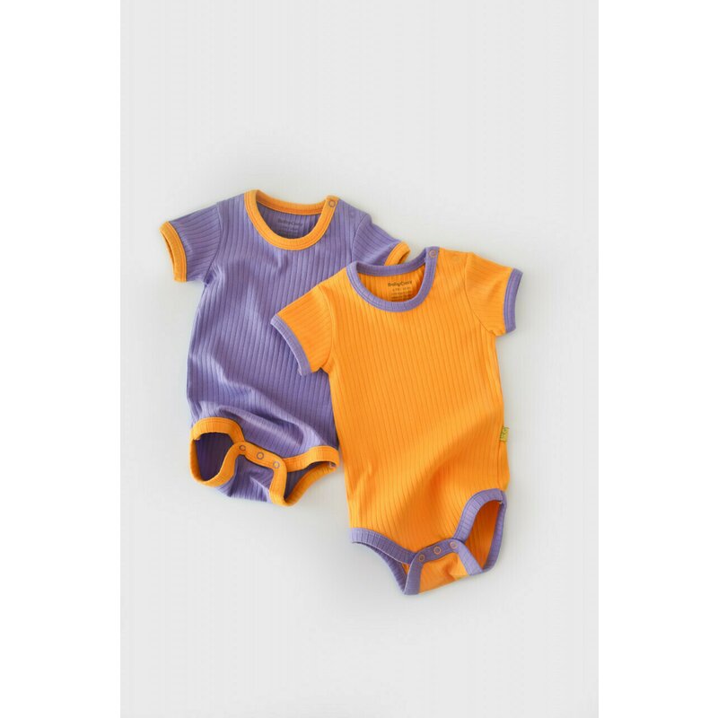 Set 2 body-uri Ribana Bebe Unisex din bumbac organic si 5%elastan - Galben/Mov BabyCosy (Marime: 3-6 Luni)