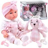 Bebelus, Jokomisiada, Cu iepuras de plus, Similar cu un bebe real, Include si suzeta, Realizat din plastic dur si cauciuc, Sigur pentru copii, 18 luni+, Pink