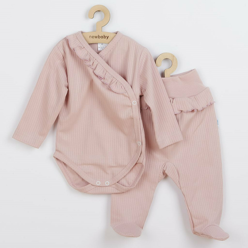 Set 2 piese, New Baby, Include body cu maneca lunga si pantalonasi cu botosei, Cu volanase, Marime 68, Din bumbac 100%, Stripes Pink