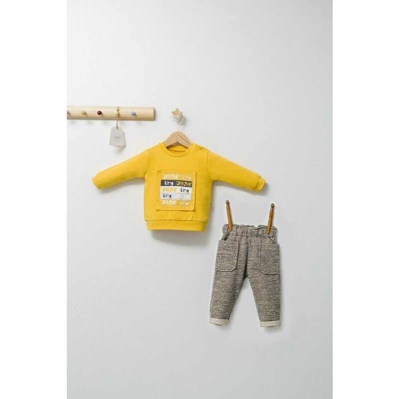 Set 2 piese cu bluzita si pantalonasi cu buzunare King, Tongs baby (Culoare: Galben, Marime: 12-18 Luni)