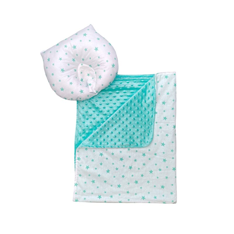 Set 2 piese Paturica dubla de iarna 90x70 cm cu perna formare cap Deseda Minky verde menta - Steluțe verde menta pe alb