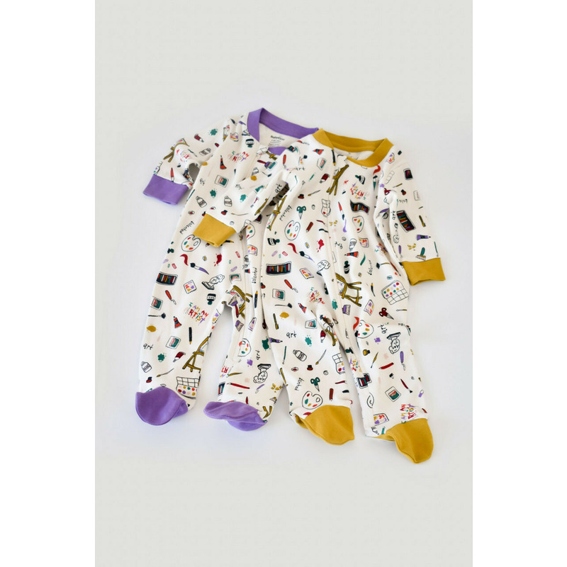 Set 2 salopetele cu maneca lunga si pantaloni cu botosei si fermoar - 100%bumbac organic - Galben si Mov, BabyCosy (Marime: 6-9 luni)