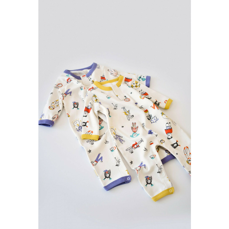 Set 2 salopetele cu maneca lunga si pantaloni lungi - 100%bumbac organic - Galben si Mov, BabyCosy (Marime: 18-24 Luni)