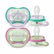 Set 2 suzete bebelusi, Philips Avent, Ultra Air, Ortodontice, Silicon moale igienic, Disc de protectie moale si flexibil, Fara BPA, 0- 6 luni+, Fosforescente, Deco Verde/Mov