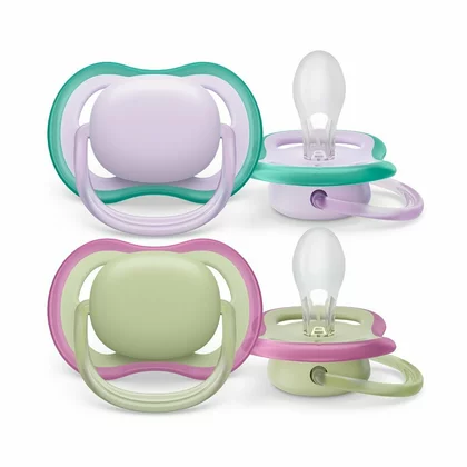 Set 2 suzete bebelusi, Philips Avent, Ultra Air, Ortodontice, Ventilate, Senzatie naturala, Fara BPA, 0- 6 luni, Violet/Verde