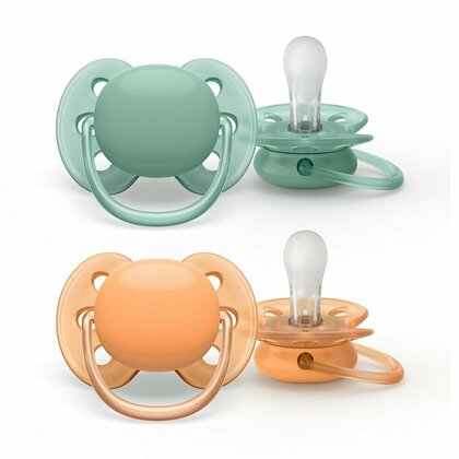 Set 2 suzete bebelusi, Philips Avent, Ultra Soft, Ortodontice, Silicon moale, Disc de protectie moale si flexibil, Fara BPA, 0- 6 luni, Verde/ Portocaliu