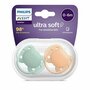 Set 2 suzete bebelusi, Philips Avent, Ultra Soft, Ortodontice, Silicon moale, Disc de protectie moale si flexibil, Fara BPA, 0- 6 luni, Verde/ Portocaliu - 2