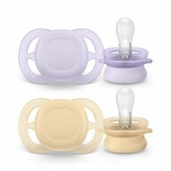 Set 2 suzete bebelusi, Philips Avent, Ultra Start, Ortodontice, Silicon moale, Usoare, Fara inel si fara BPA, Conceputa pentru gurite micute, 0-2 luni, Galben/Mov