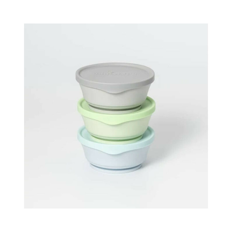 Set 3 boluri cu capac hrana bebelusi Miniware, 100% din materiale naturale biodegradabile, Aqua+Grey+Keylime