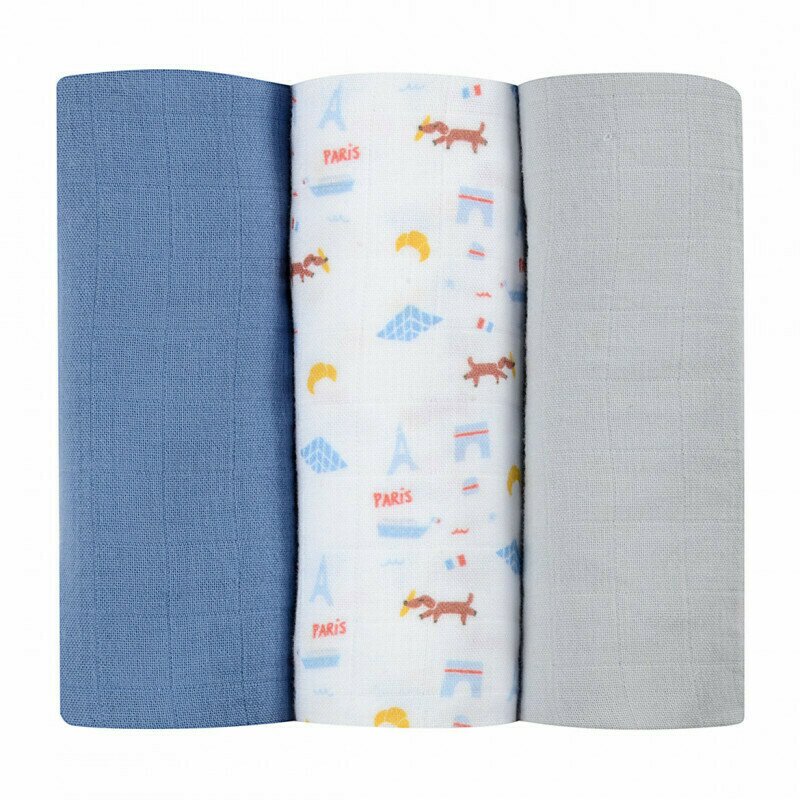 Beaba - set 3 museline , paris, din bumbac, 70x70 cm, albastru