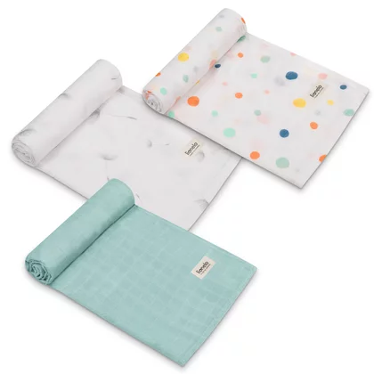 Set 3 museline, Lionelo, Dot, Multifunctionale, Din bambus, Ideale pentru infasat, Cu proprietati antibacteriene, antifungice si antialergice, Lavabile la masina de spalat, 70x70 cm, Multicolor