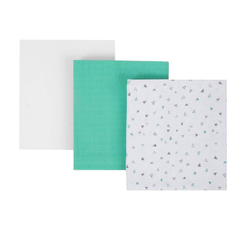 Clevamama - set 3 paturici de muselina din bambus, 70x70 cm, alb/turcoaz