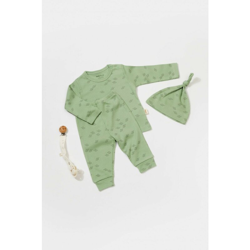 Set 3 piese:bluza, pantaloni si caciulita Printed, BabyCosy, 50% modal+50% bumbac, Verde (Marime: 12-18 Luni)