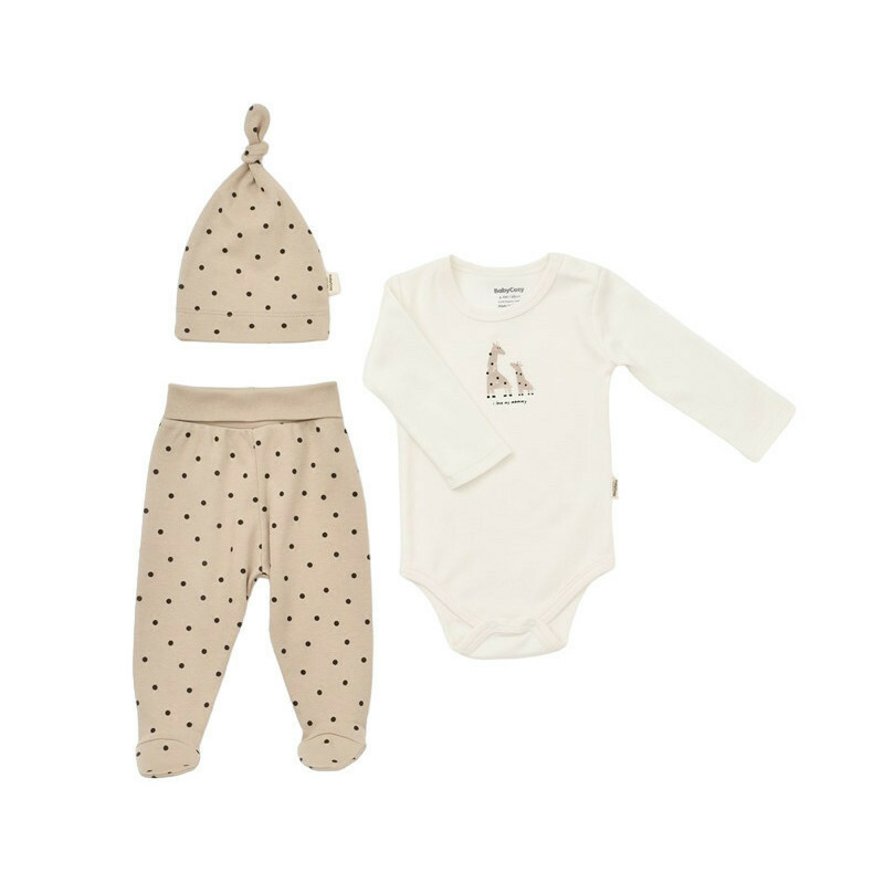 Set 3 piese: body, pantaloni si caciulita Girafa, BabyCosy, 100% bumbac organic (Marime: 3-6 Luni)