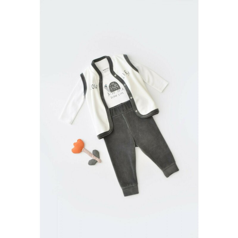 Set 3 piese Broscuta cu body, pantalonasi si vestuta din 80%bumbac organic si 20% poliester - Antracit, BabyCosy (Marime: 9-12 luni)