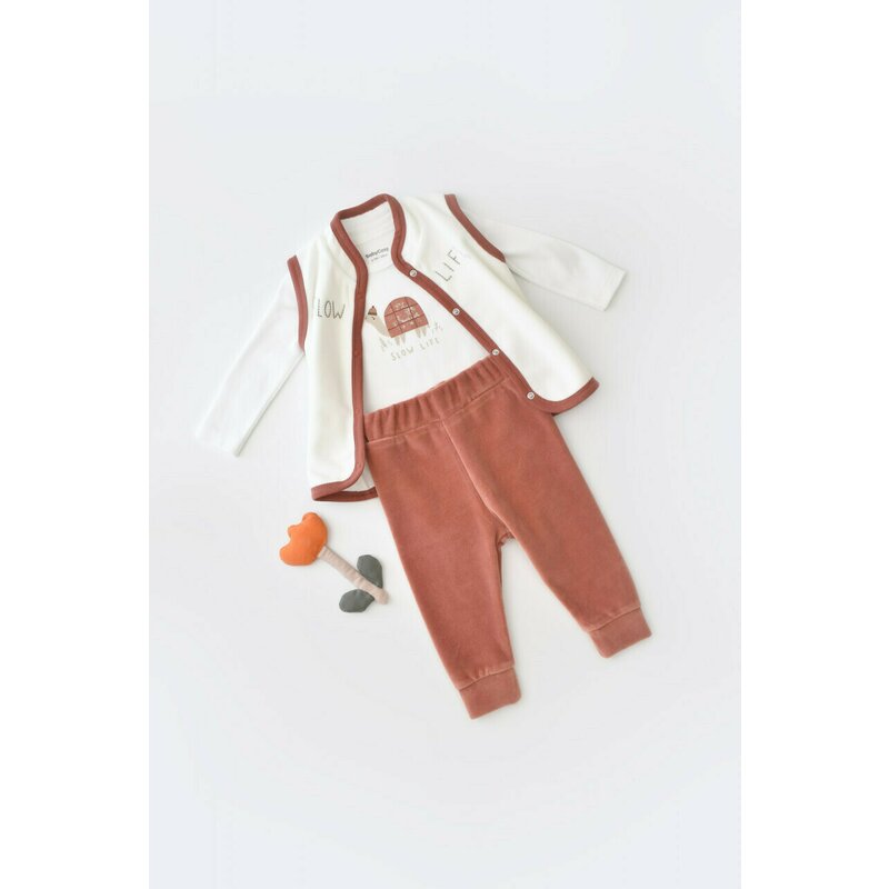 Set 3 piese Broscuta cu body, pantalonasi si vestuta din 80%bumbac organic si 20% poliester - Caramiziu, BabyCosy (Marime: 12-18 Luni)