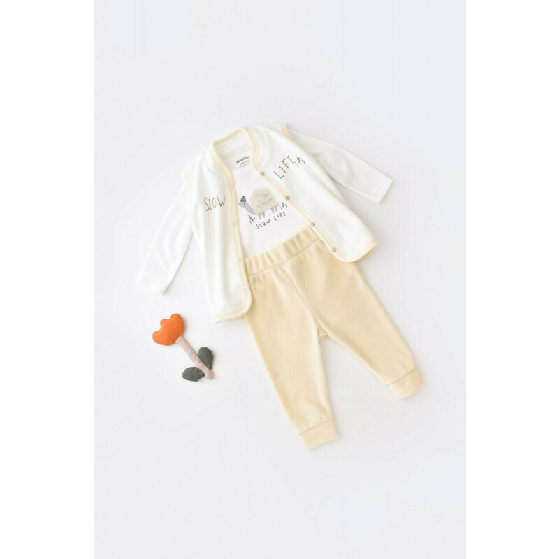 Set 3 piese Broscuta cu body, pantalonasi si vestuta din 80%bumbac organic si 20% poliester - Crem, BabyCosy (Marime: 12-18 Luni)