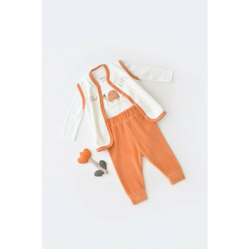 Set 3 piese Broscuta cu body, pantalonasi si vestuta din 80%bumbac organic si 20% poliester - Portocaliu, BabyCosy (Marime: 12-18 Luni)