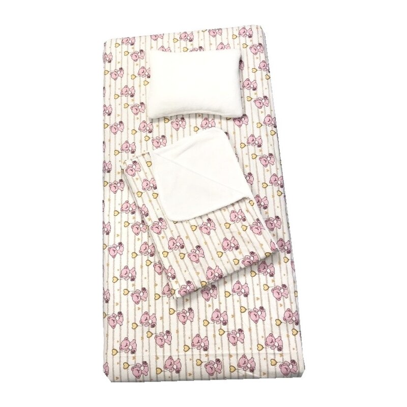 Deseda - set 3 piese de iarna pat 120x60 cm cu cearsaf paturica si perna ursi cu inimioare roz