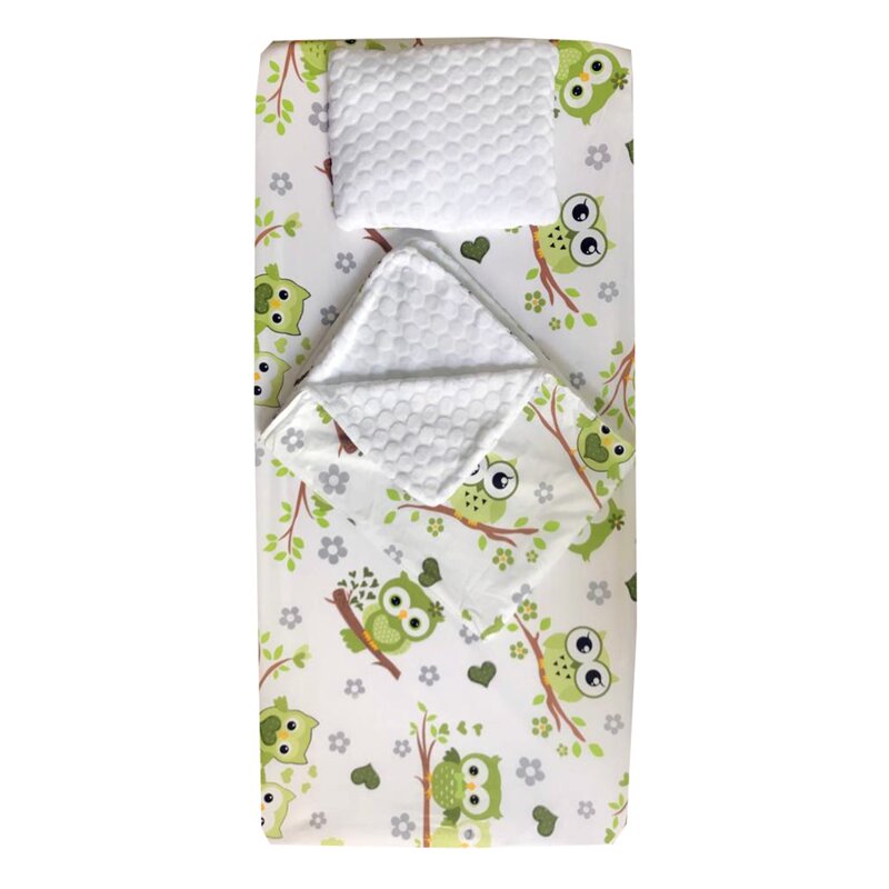 Deseda - set 3 piese de iarna paturica cu cearsaf si pernuta pentru pat 140x70 cm bufnite verzi