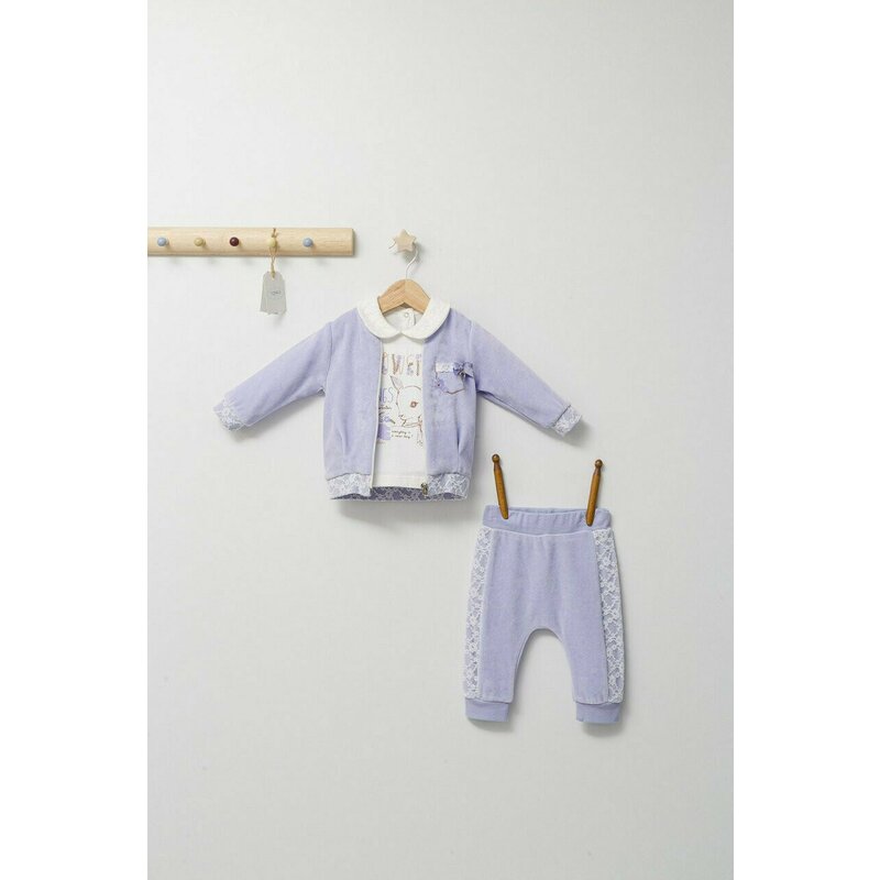 Set 3 piese: pantaloni, bluzita si hainuta pentru bebelusi Gazelle, Tongs baby (Culoare: Mov, Marime: 18-24 Luni)