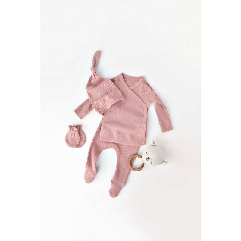 Set 4 piese: bluza, pantaloni, caciulita si manusi din bumbac organic si modal - Rose, BabyCosy (Marime: 3-6 Luni)