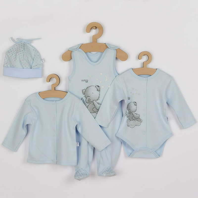 Set 4 piese, New Baby, Include salopeta fara maneci, jacheta, body cu maneca lunga, caciulita, Marime 56, Din bumbac 100%, Angel Blue