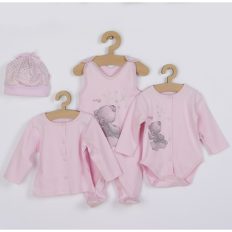 Set 4 piese, New Baby, Include salopeta fara maneci, jacheta, body cu maneca lunga, caciulita, Marime 56, Din bumbac 100%, Angel Pink