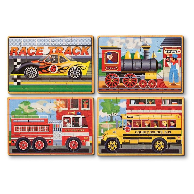 Melissa & doug - set 4 puzzle lemn in cutie vehicule melissa and doug
