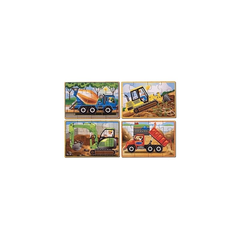 Melissa & Doug - Set 4 puzzle lemn in cutie Vehicule pentru constructii Melissa and Doug