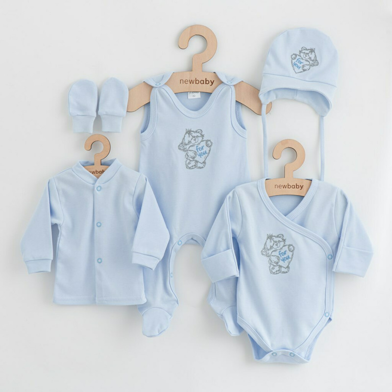 Set 5 piese, New Baby, Include Salopeta fara maneci, jacheta, body cu maneca lunga, caciulita, manusi, Marime 50, Din bumbac 100%, Classic Blue