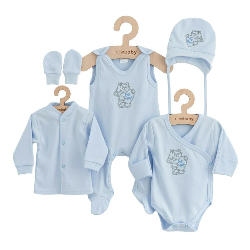 Set 5 piese, New Baby, Include Salopeta fara maneci, jacheta, body cu maneca lunga, caciulita, manusi, Marime 50, Din bumbac 100%, Classic Blue